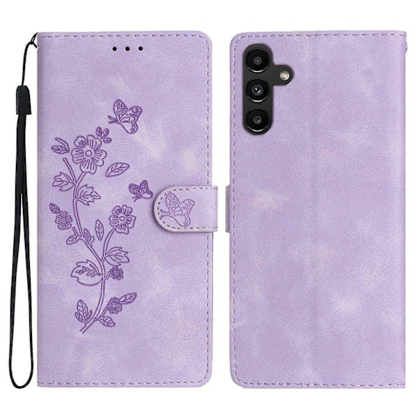 Kompatibel med Samsung Galaxy A53 5G Fodral Läder Präglat Blommigt Telefonskal Plånbok med Handledsrem - Perfekt Style E