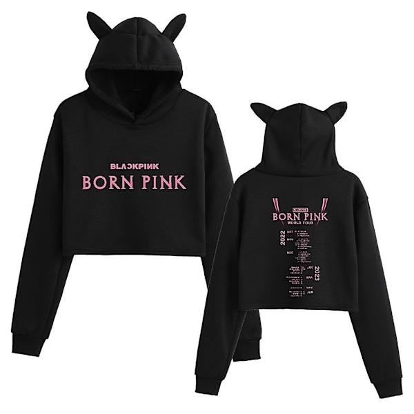 Svartrosa koreansk grupp perifer tryckt casual navel-baring kattöron sweatshirt för flickor-Perfet Black B XXL