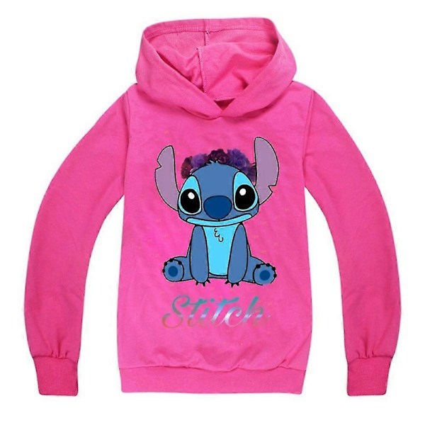 Børne Drenge Piger Stitch Print Ærme Hættetrøje Casual Hættetrøje Sweater Top - Perfet Rose Red 11-12 Years