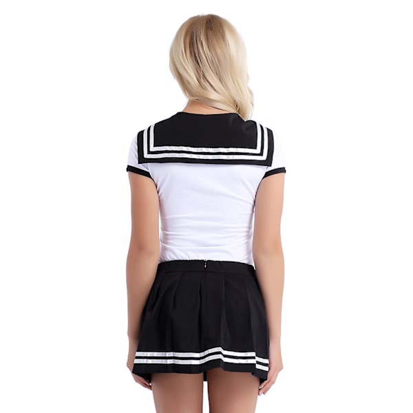 Kvinnelige skolejenteantrekk Korte ermer Jumpsuit med mini-plissert skjørt Cosplay sett Student skolejenter Uniform kostymer-Perfet Black A XL