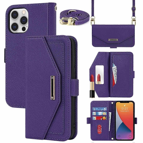 Kompatibel med iPhone 12 Pro Max Kryss Tekstur Lanyard Lær Telefonveske-Perfet Purple