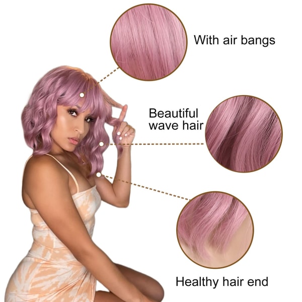 Pastell Vågig Peruk Med Air Bangs Kvinnors Kort Lila Rosa Peruk