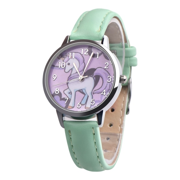 Unicorn Watch Barneklokke Rainbow Animal Barn Jenter Lærreim Analog Legering Kvarts Klokker Armbåndsur Green