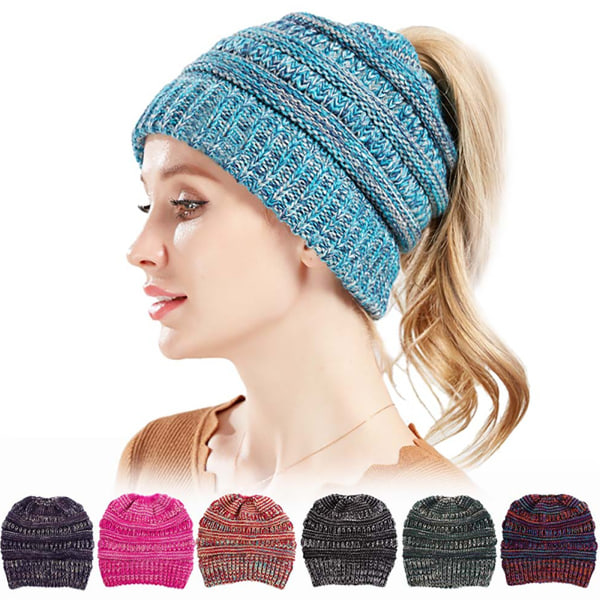 Kabelstrik Beanie Vinterhue Til Damer Varm Hestehale Hatte - Perfet Blue Beige