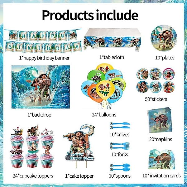 Moana Fødselsdagsfest Tilbehør - 172 stk Moana Fødselsdagsfest Dekorationer Moana Fest Tilbehør Inkluderer Moana Banner Balloner Cupcake Toppers Dug T