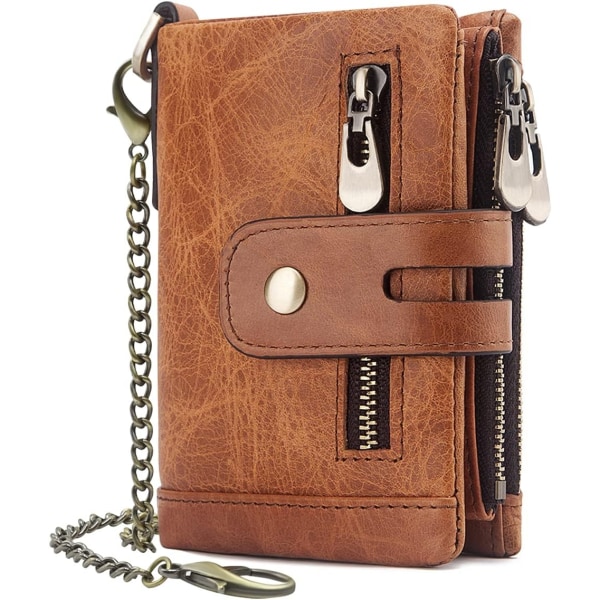 herrplånbok RFID-blockerande plånbok i äkta läder för män och tvåfaldig dragkedja försedd myntficka - Perfet brown