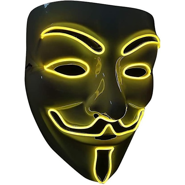 LED Mask V Vendetta Mask Neon Mask EL Wire Lyser upp för Halloween Kostym Cosplay Party-Perfekt V-yellow