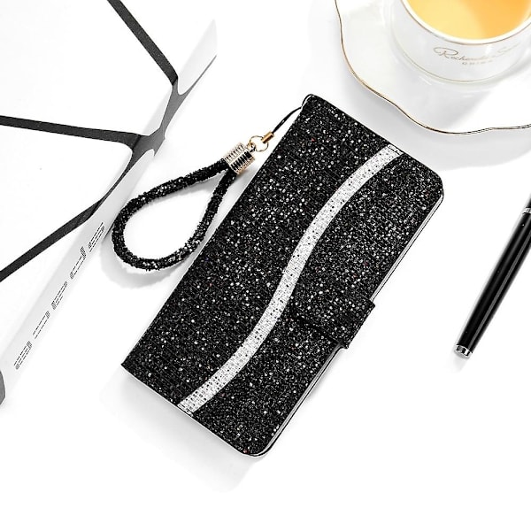 Glitter Puder Läderfodral Kompatibelt med Samsung Galaxy A15 5G-Perfet Black
