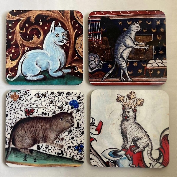 4 stk. Medieval Cat Coasters for Drikkesett Kattemønster Runde Coasters, Drikkeunderlag Kattecoaster - Perfekt