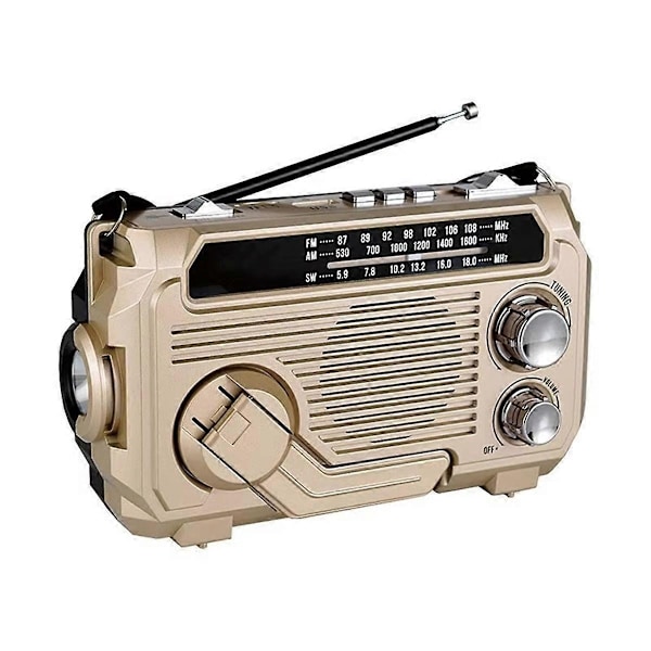 FM AM SW Radio Solarladdning Nödradio Mottagare Handvev Bluetooth 5.2 Stöd TF USB Rand-Perfet Gold