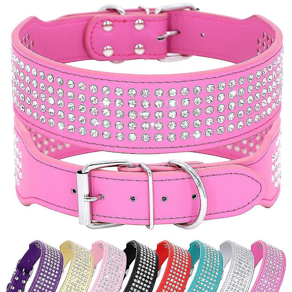 5 Rækker Rhinestone PU Læder Hundekrave Diamant Bling til Store Hunde 2,0\" bred - Perfekt Hot Pink S Neck 33-41cm