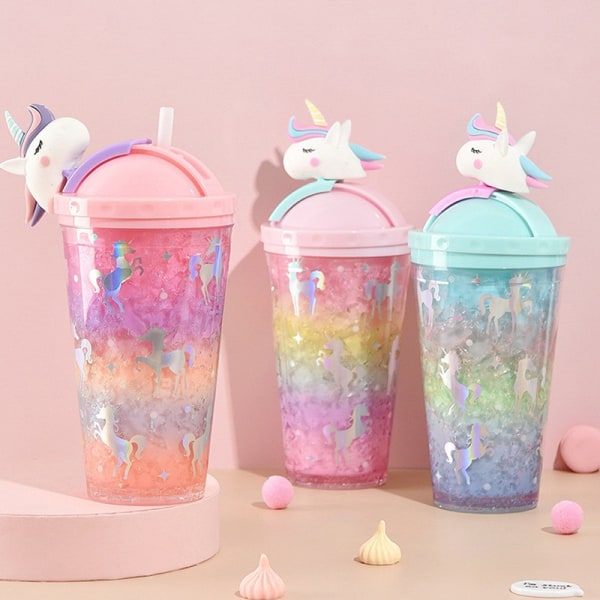 Unicorn Ice Cup Vandflaske Gradient Girl Heart e Straw Cup - Perfet Blue