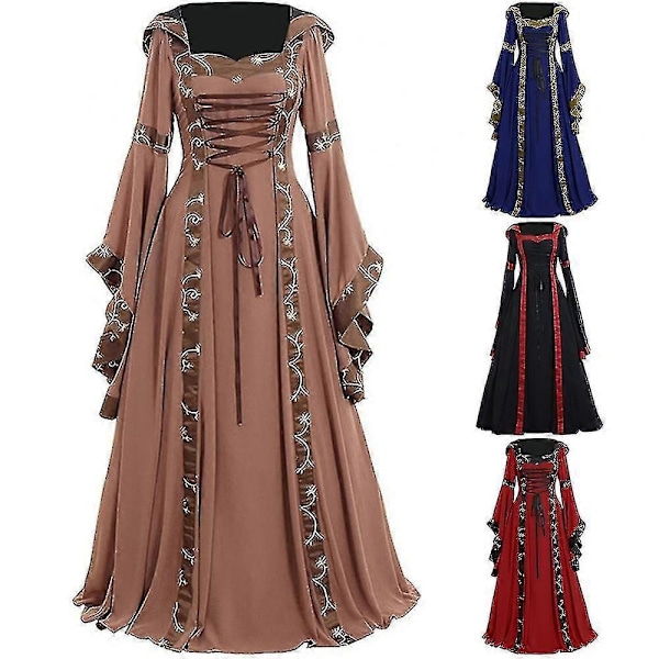 Middelalderkjole Kvinder Snørebånd Langærmet Gulvlang Middelalderkjole Halloween Kostume - Perfekt Red XL