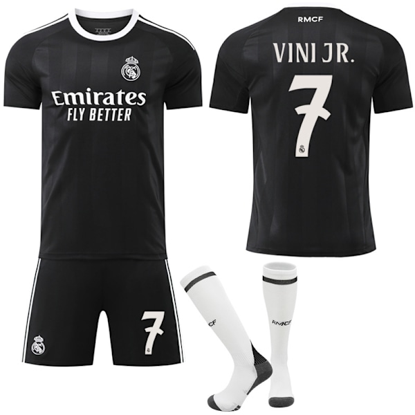 25-26 Real Madrid Lasten Aikuisten Musta Jalkapalloharjoittelu Jersey Setti (Sisältää Sukat)- Perfet No.7 VINI JR XL