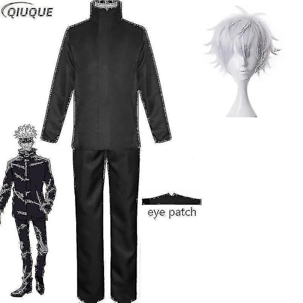 2023-anime Jujutsu Kaisen Gojo Satoru Cosplay Kostume Toppe Bukser Øjenlap Halloween Fest Mænd Uniform Parykker-1-1-Perfet Black Package 3 XXL