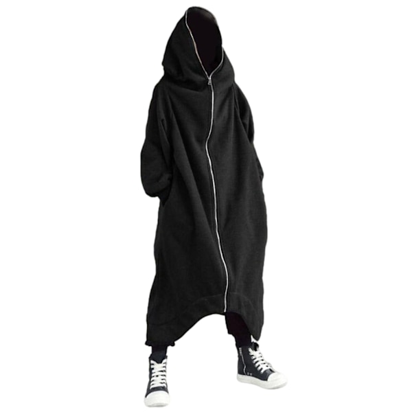 Unisex pitkä huppari vetoketjullinen takki pitkähihainen takki vetoketjullinen fleecevuorattu pitkä huppari-Perfet Black XL