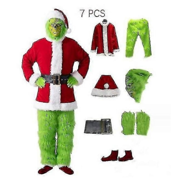 7-delad Grinch-kostym för julcosplay, vuxen Santa-kostymset + mask A-Perfet A S