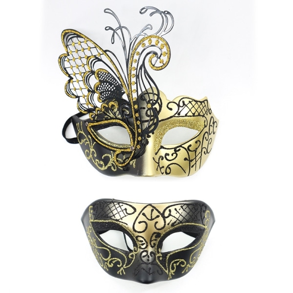 2 venetianske guldmasker, metalmaskede masker, par masker, P