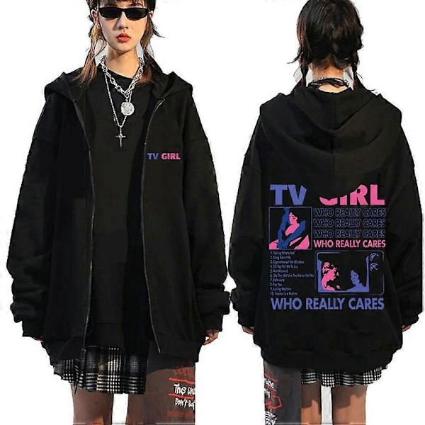 TV Girl Who Really Cares Grafisk Print Lynlås Hættetrøje Mænd Kvinder Mode Casual Oversized Lynlås Jakke Herre Fleece Sweatshirts-Perfet LLM-Black-R0638 L