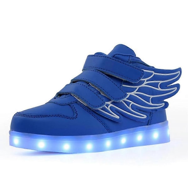 LED Lysende Hi-top Sko med Vinge USB Genopladelige Blinkende Sneakers til Småbørn Børn Drenge Piger - Perfekt Blue 33