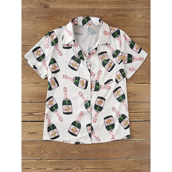 Pyjamas Set med Champagneflaskor för Kvinnor - Tryckt Kortärmad 2-delad Mjuk Löst Avslappnad Nattkläder Bekväma Hemkläder - Perfekt S