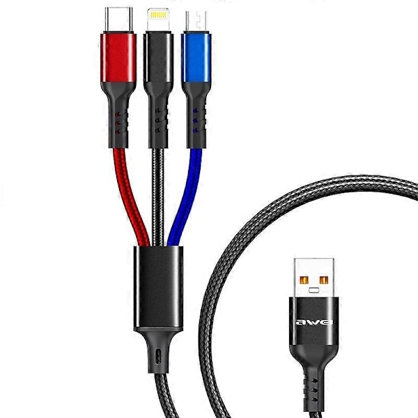awei CL-971 3 i 1 1.2m 2.4A USB til 8 Pin + Micro USB + USB-C / Type-C Multi Opladerkabel - Perfekt