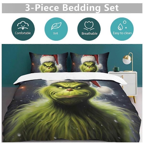 Grinch 3-delt sengesett Dynetrekksett Mykt Varmt og Komfortabelt Mykt Sengesett - Perfekt Single135x200cm