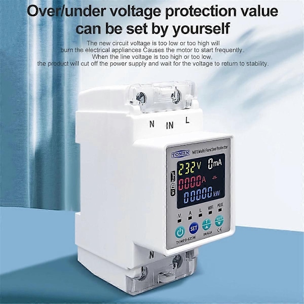 TOMZN 2P 63A 110V 220V TUYA WIFI Bryter Kwh Måler Strømbryter Timer med Spenning Strøm og Lekkasjebeskyttelse-Perfekt