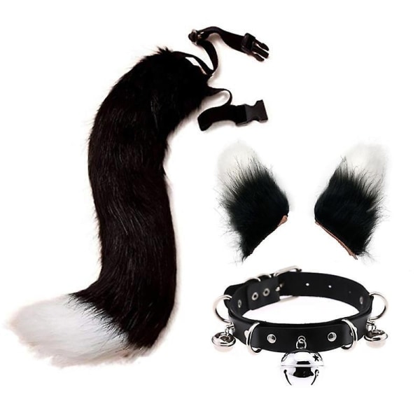 Cat Ears and Werewolf Animal Tail Cosplay Kostym - Perfet black white 65cm