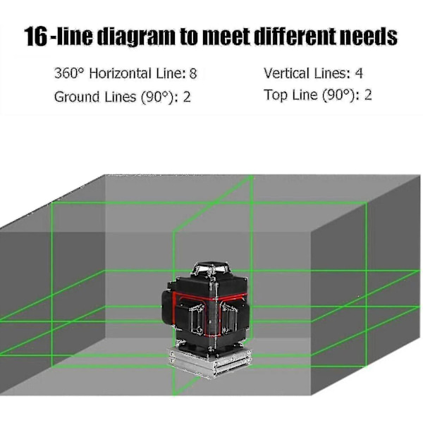 30m selvnivellerende lasernivå, 16 linjers krysslinjelaser, 4,0ah oppladbart batteri, Ip54 grønn laser, 4 x 360 rotasjon- Perfet