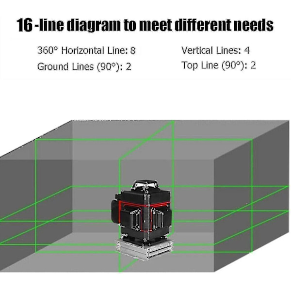 30m selvnivellerende laserniveau, 16 linjers krydslinjelaser, 4,0ah genopladeligt batteri, Ip54 grøn laser, 4 x 360 rotation- Perfet