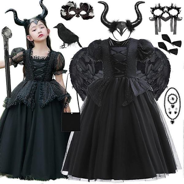 Disney Tyttöjen Maleficent-Mekko Lapsille Paha Kuningatar Keiju Halloween-Puku Lapsille Demoni Kuningattaren Vaatteet Karnevaali Musta Noita Mekko-Täydellinen Maleficent Dress 2 7-8T (Tag 140)