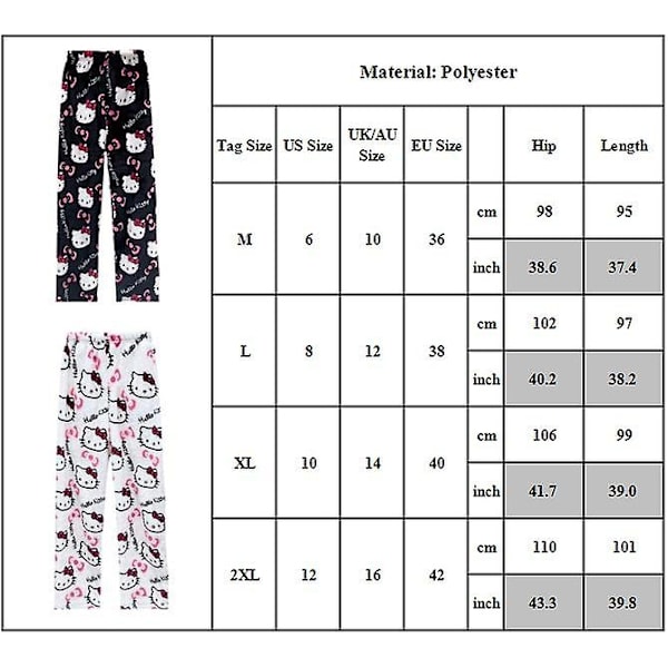 Kawaii Pyjamas for Kvinner og Jenter Tegneserie Hellokitty All Over Print Flanell Juler Anime Myke Sovepyjamas Bukser - Perfekt Black M