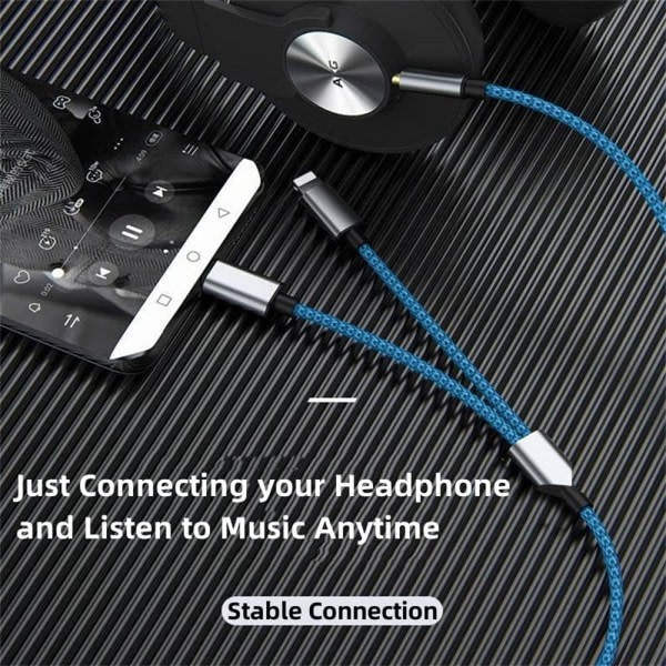 Flettet nylon USB-C og Lightning til 3,5 mm lydjack-adapter AUX-kabel