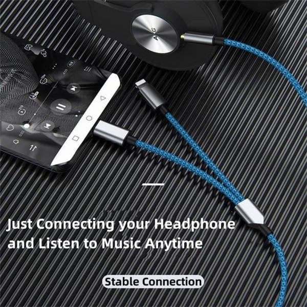 Punottu nailoninen USB-C- ja Lightning–3,5 mm audioliitin AUX-kaapeli
