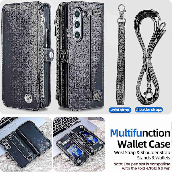 Kompatibelt med Samsung Galaxy Z Fold 5 Plånboksfodral, Z Fold 5 Fodral med S Pen-hållare med Rem & Dragkedja Magnetisk Flip Läderfodral - Perfekt Black