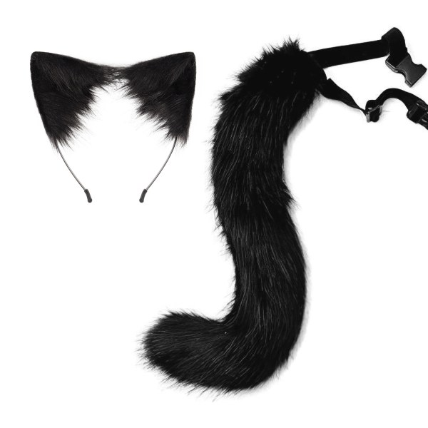 Halloween COS simulering rev plysj hale klær tilbehør dyr hale katt øre hår sløyfe hodeplagg - Perfet black