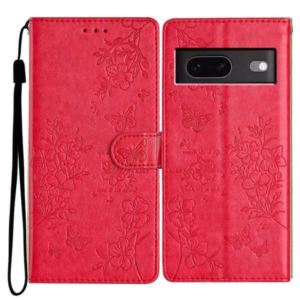 Fjäril Kärlek Blomma PU Fodral Kompatibelt med Pixel 6 Pro - Perfet Red
