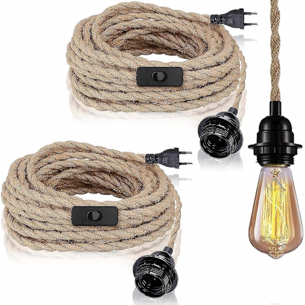 2 Pack Pendant Lights with Switch, Hemp Rope with 4.5m Cable, E27 Socket for Hall, Kitchen, Dining Table, Bar (without Bulb)-Perfet