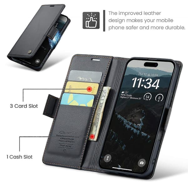 CASEME 023 Series RFID Læderpung Stativ Telefoncover til iPhone 17 Pro Max Black