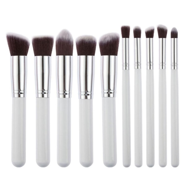 10 stk. Makeup Brush Set - Lintfri, Tætte Børstehår, Blød Pudder, Foundation, Contour, Blush, Concealer - Perfekt Silver & White