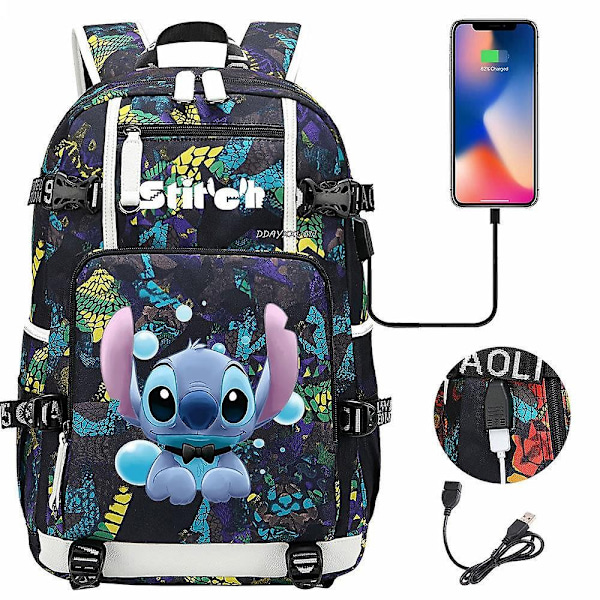 Lilo og Stitch Skoletasker Kapacitet Rygsække Drenge Piger USB Opladning Rejse Stor Laptop College Studerende Skolepose Bagpack-Perfet photo color21