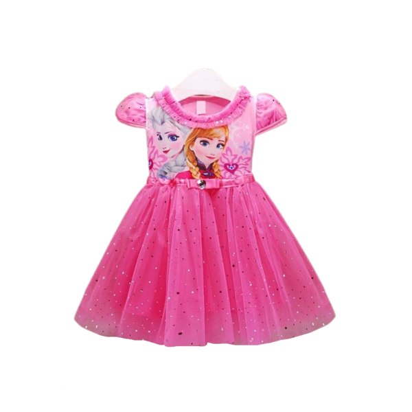 Girls Frozen Elsa Anna Princess Cap Sleeve Tulle Tutu Dress - Perfet Pink 5-6 Years