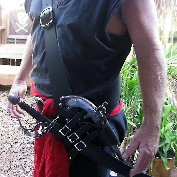 Medeltida Läder Axelrem Svärd Flintlås Pistolhölster Steampunk Riddare Piratdräkt Larp Cutlass Slida Grod Baldric-Perfet black