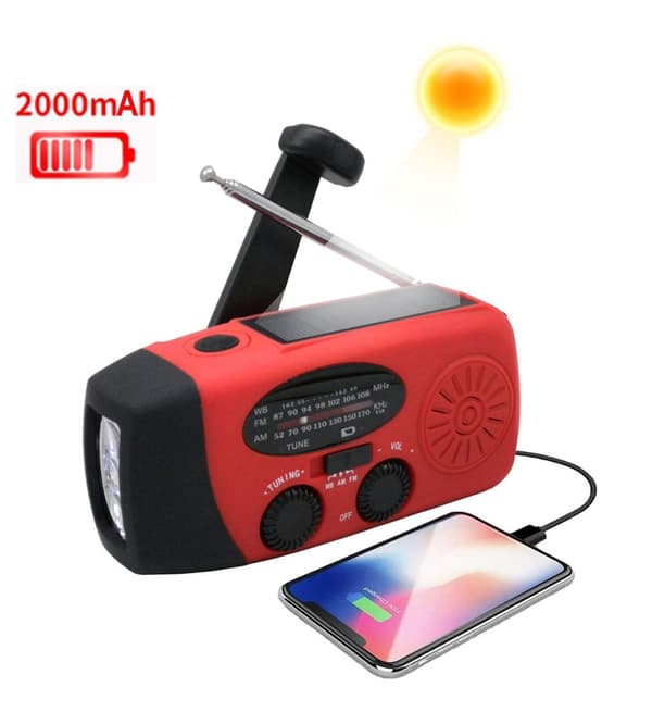Dynamoradio 2000mAh Powerbank, Solceller, Lommelykt - Perfekt Röd