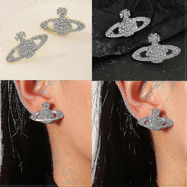 Krystall Saturn Hjerte Orb Dråpe Hengende Øredobber Rhinestone Sølv Gull - På lager - Perfekt style 2 Gold