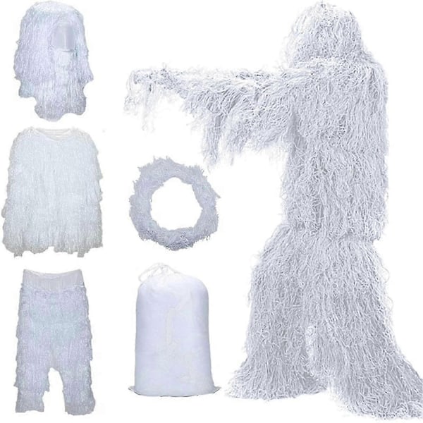 In 1 Ghillie Suit, 3D Kamouflagejaktkläder, Inkluderar Jacka, Byxor, Huva, Handväska - Perfekt White 1.8m