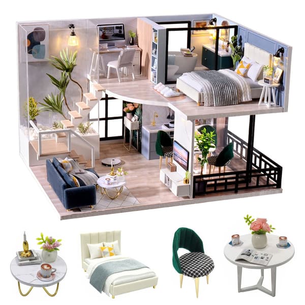 DIY Trä Dockhus Kit, Miniatyr Dockhus med Möbler - Perfekt