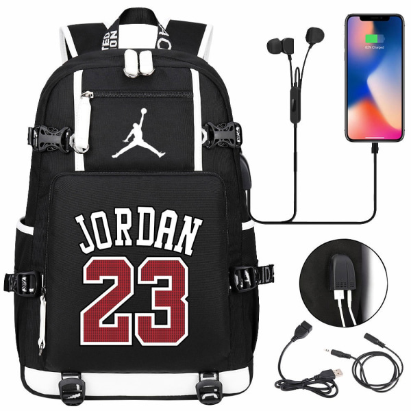 USB opiskelijoiden suuri kapasiteetti koululaukku Jordan 23-musta
