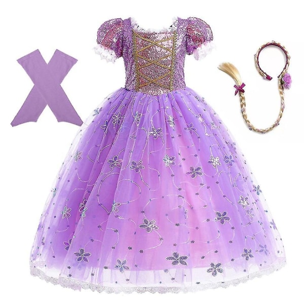 Prinsessa Rapunzel-mekko tytöille Tyylikkäät violetit mekot Tyylikkäät karnevaaliasut Lasten juhlapuvut Halloween-roolileikit - Perfet 5-6Y Tag-130 Rapunzel Sets 03